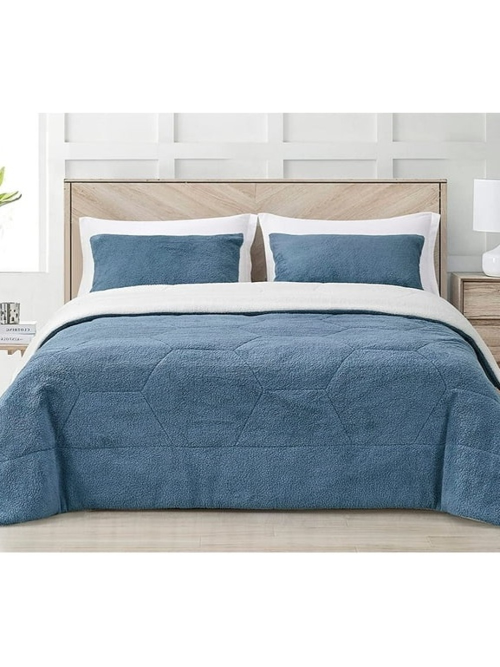 Plush Reversible Blue Sherpa Comforter Set king 3 piece set
